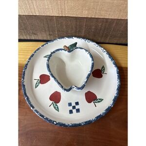 Heavy Chapparal Pottery Apple Spongeware Painted Chip & Dip Platter Bowl 11"